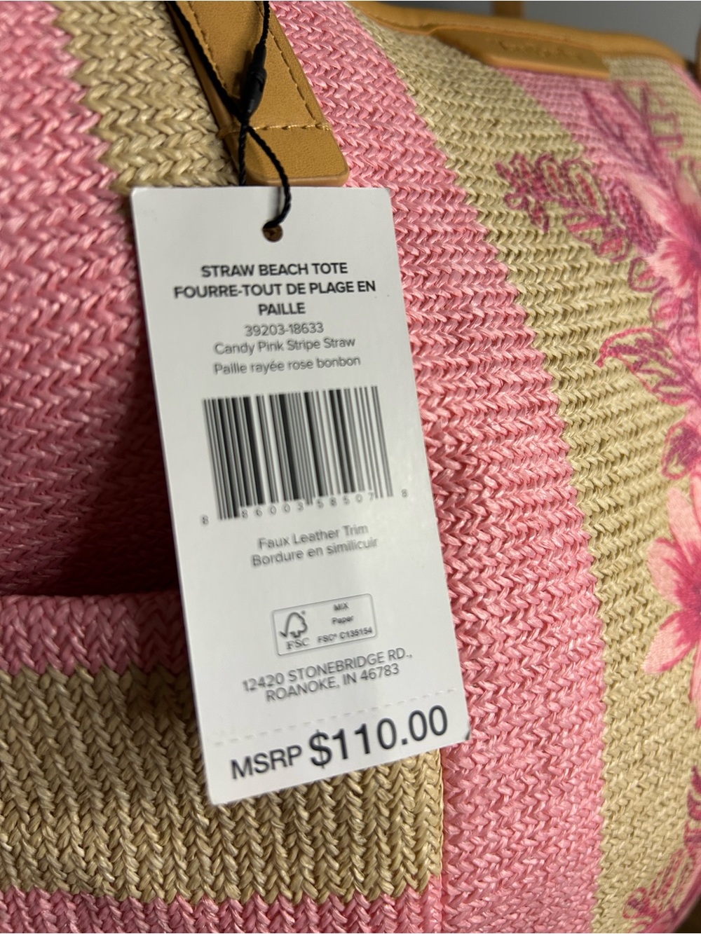 Vera Bradley NWT Candy Pink Stripe Straw Beach Tote Floral Woven Large Zip Bag - Picture 4 of 12